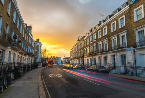 Street of terraced properties in sunset