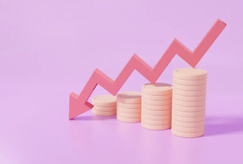 Cartoon of increasingly small stacks of coins with downward-pointing arrow on top
