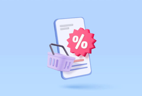 Cartoon of a floating smartphone with a shopping basket and a percentage symbol tag in front