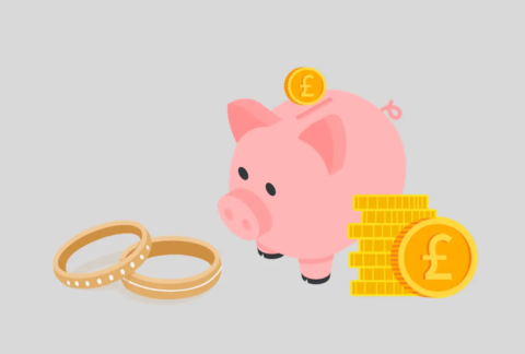 Cartoon of piggybank with pound coin above slot next to two wedding rings and a stack of coins