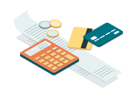Cartoon of calculator on top of receipts next to coins and bank cards