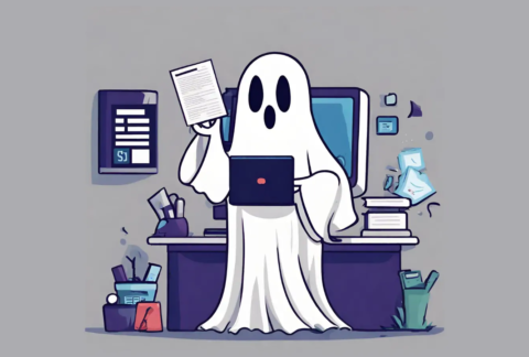 Cartoon of ghost in front of desk holding laptop and document