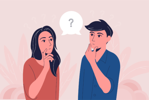 Cartoon of two people pondering with a question mark in a double speech bubble