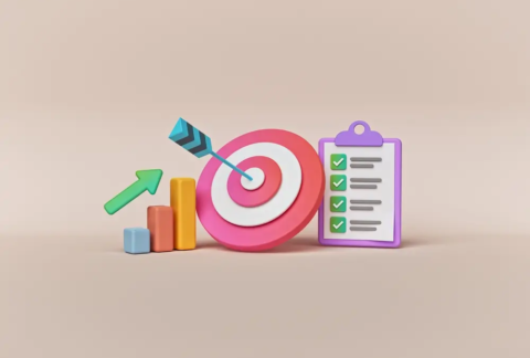 Cartoon of a target with an arrow in centre next to an increasing bar cart and a checklist on a clipboard