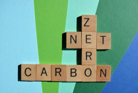 Wooden scrabble-style tiles arranged in various directions spelling out 'net zero carbon'