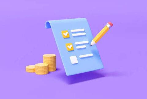 Cartoon of a floating checklist and pencil next to three stacks of coins