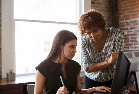 Businesswoman helping apprentice working on computer at desk