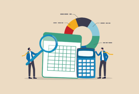 Cartoon of two miniature businessmen, one with his hand on the corner of a calculator, one holding a magnifying glass to a document, and a pie chart behind