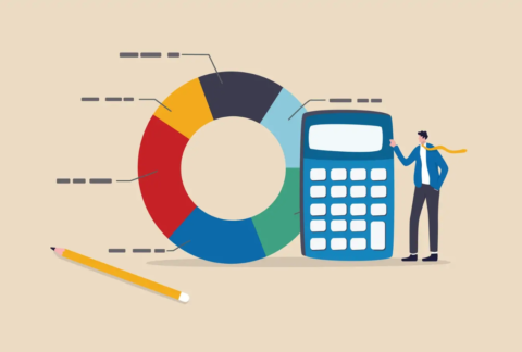 Cartoon of a miniature businessman with his hand on the corner of a calculator, next to a pencil with a pie chart behind