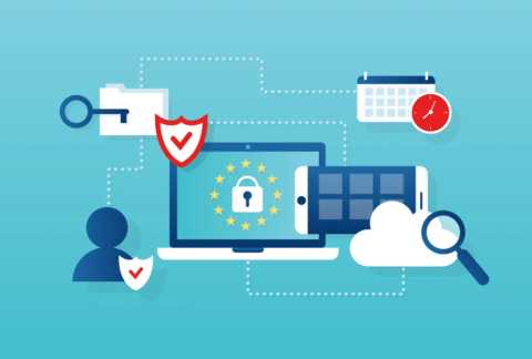Cartoon of laptop screen with EU flag and padlock in centre of screen surrounded by digital security graphics