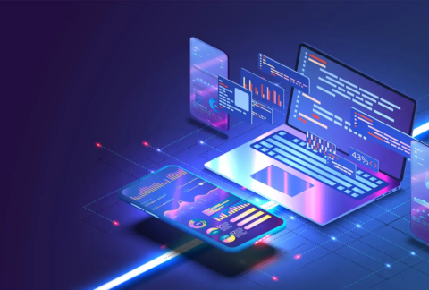 Cartoon montage of laptop, smartphone screens and other digital elements