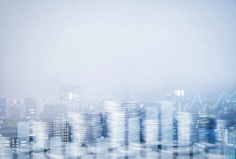Stacks of coins overlayed with graph images