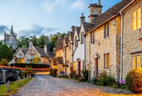 Cobbled street in small village in the evening