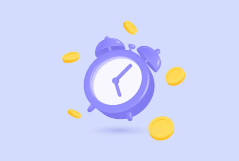 Cartoon of floating alarm clock surrounded by coins