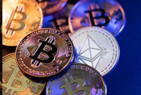 Close-up of a pile of bitcoin cryptocurrency coins