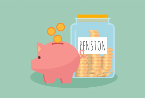 Cartoon of piggybank with three coins falling into slot and jar full of coins with 'pension' label on front