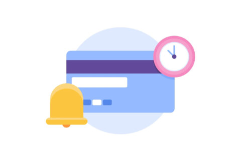 Cartoon of a bank card next to a clock and a bell