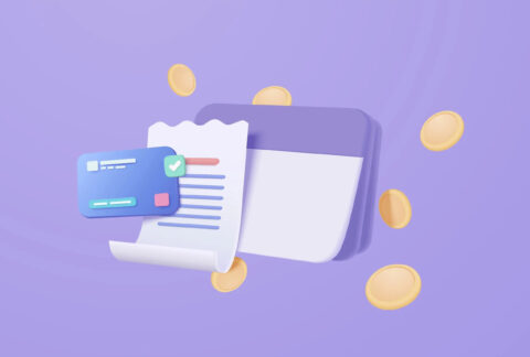 Cartoon of bank card in front of receipt in front of notepad with coins floating around