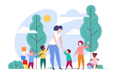 Cartoon of woman and five children playing with toys in park