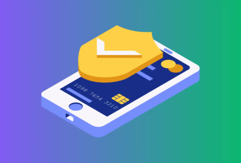 Cartoon of floating smartphone with bank card displayed on screen with security shield with a tick in it hovering above