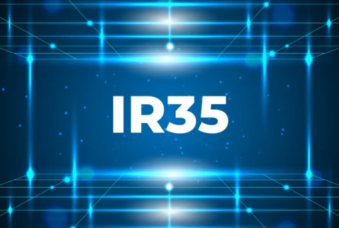'IR35' in front of dark background with bright blue grids and lights