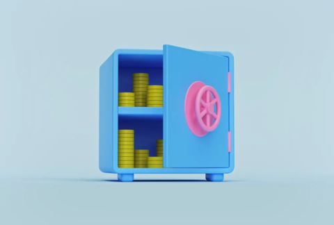 Cartoon of an open safe containing stacks of coins