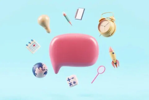 Cardoon of pink speech bubble surrounded by a lightbulb, pencil and notebook, alarm clock, rocket, magnifying glass, calculator symbols, globe, and calendar