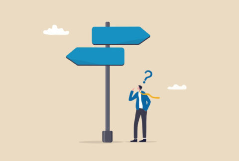 Cartoon of businessman looking at two-directional signpost with question mark above head