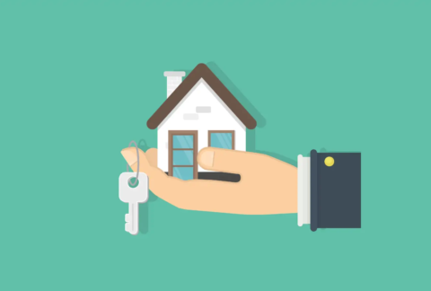 Cartoon of a hand palm-side yup holding a miniature house with a key hanging on the index finger