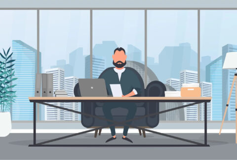 Cartoon of business director at desk in office working on laptop and holding document