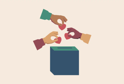 Cartoon of three hands holding hearts above a ballot box