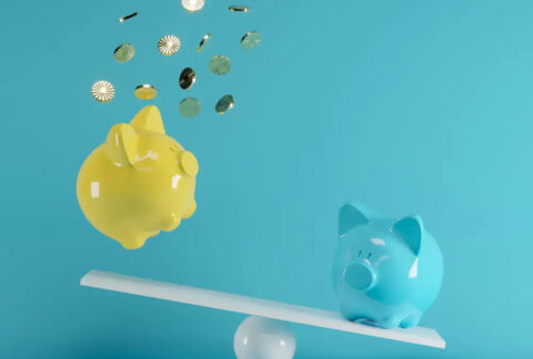 Cartoon of one piggy bank on an unbalanced seesaw and another in the air surrounded by coins