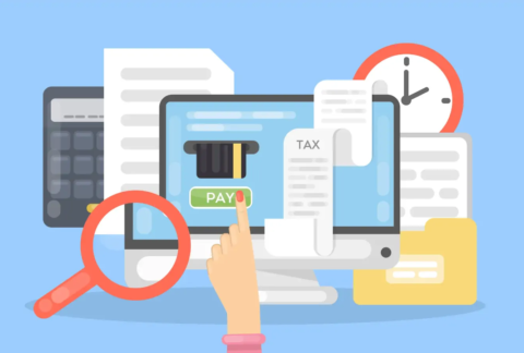 Cartoon of finger pointing at 'pay' button on computer screen surrounded by calculator, documents, receipt, clock and magnifying glass