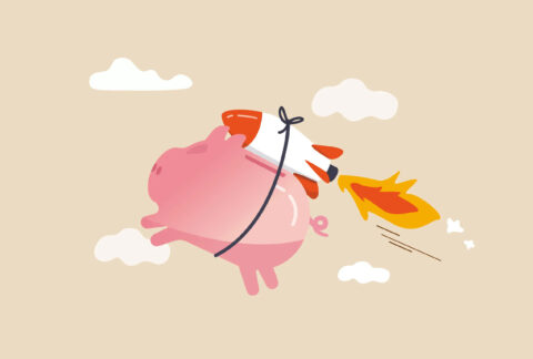 Cartoon of a piggy bank flying with a rocket strapped to its back