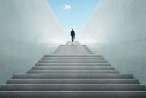 Man in distance near the top of a flight of concrete steps
