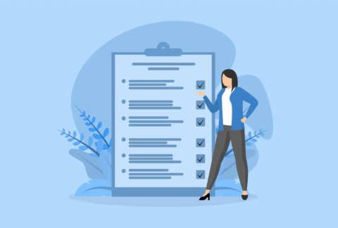 Cartoon of miniature businesswoman standing next to and pointing at checklist on clipboard