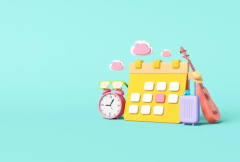 Cartoon of a calendar surrounded by an alarm clock with sunglasses on top, a suitcase, a guitar, a sunhat and clouds