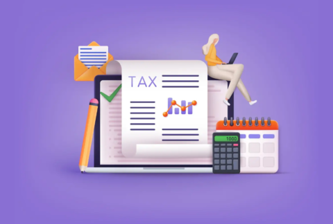 Cartoon of tax document in front of laptop surrounded by a pencil, calculator, calendar and open envelope with letter inside, and a woman using a laptop sitting on top of the larger laptop