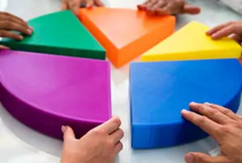 Hands pushing together five 3D sections of a pie chart