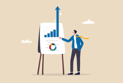 Cartoon of businessman pointing at flipchart with tallest bar chart bar extending upwards off page