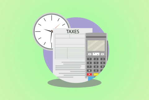 Cartoon of 'taxes' document inside a circle next to calculator and clock