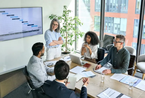 Businesspeople in a meeting discussing business success
