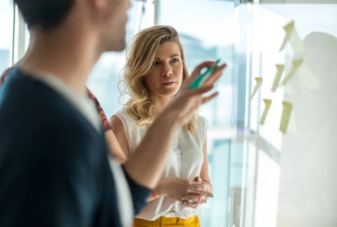 Businesspeople discussing post-it notes on whiteboard