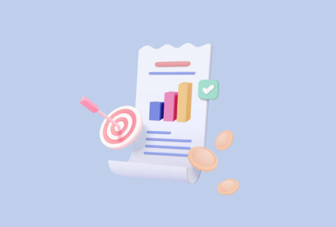 Cartoon of a bar chart on paper next to a target with an arrow in the centre and three floating coins