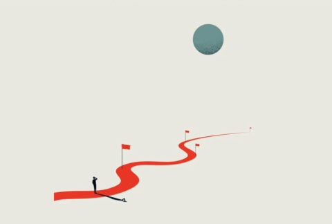 Cartoon of person at beginning of windy path with checkpoints along the way