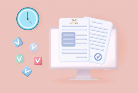 Cartoon of documents tax return documents in front of computer monitor next to clock and checked boxes
