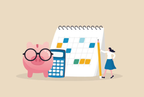 Cartoon of a piggy bank wearing glasses next to a calculator, calendar, and miniature businesswoman holding a pencil