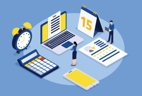 Cartoon of two miniature businesspeople surrounded by a laptop, calendar, document, smartphone, calculator and alarm clock