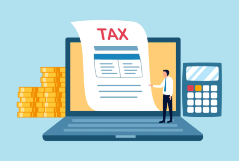 Cartoon of a tax document coming out of a laptop screen with a miniature businessman standing on the keyboard and two stacks of coins on one side and a calculator on the other