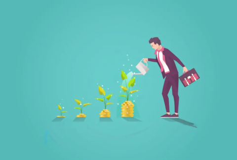 Cartoon of businessman holding briefcase in one hand and watering can in other watering a plant sprouting from a pile of gold coins, the tallest one at the end of an increasingly tall row of four